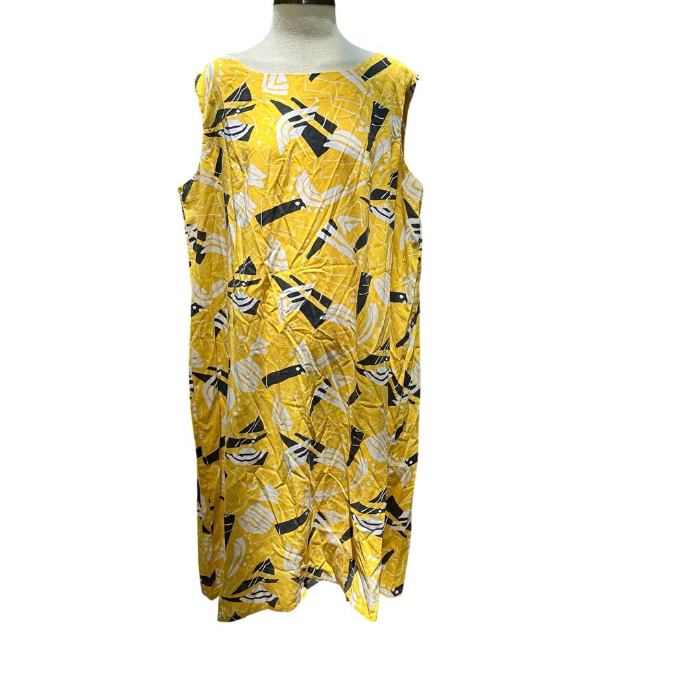 Vintage 60s/70s Shift Dress Sz Lrg/Med Fit Sleeveless Yellow Pattern